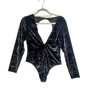 Victoria Secret Black Velvet Bodysuit M/L Deep Plunge Neckline Open Back Sexy